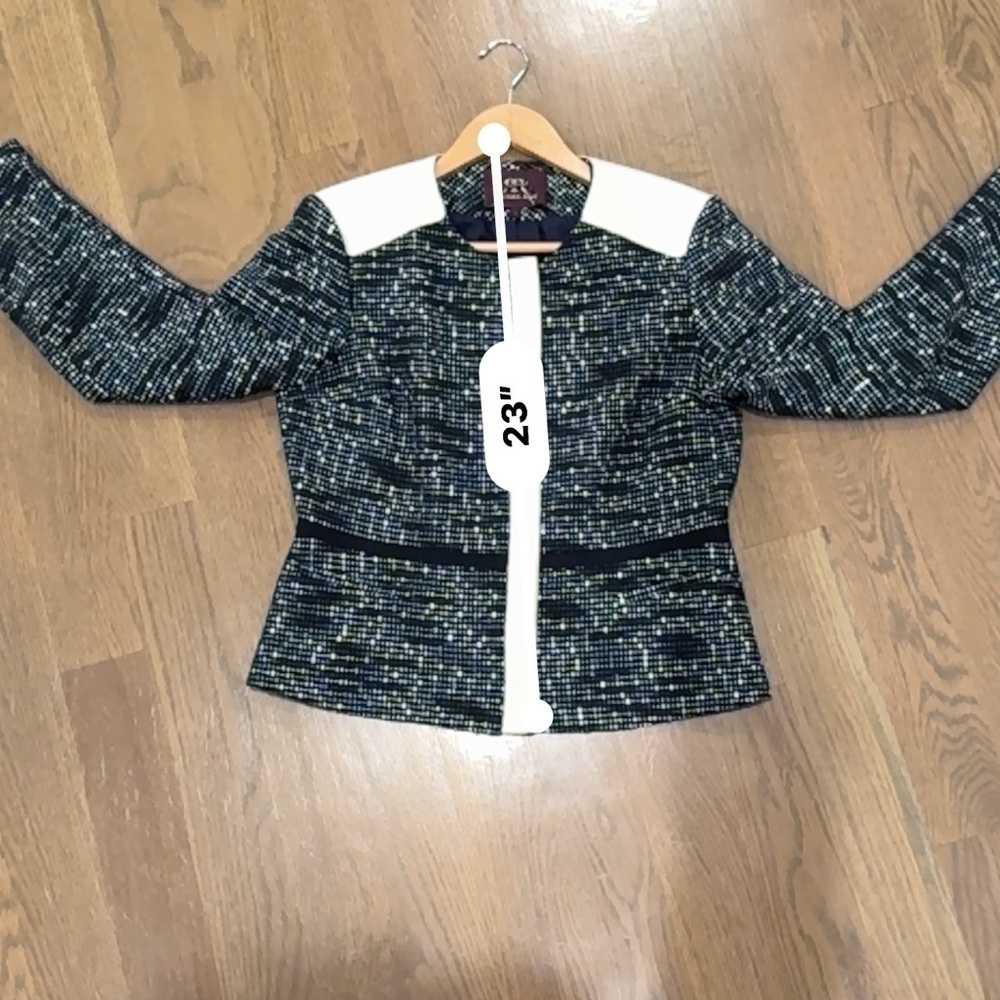 RACHEL ROY Leather Trim Career Jacket Blazer 8 Long Sleeve Full Zip Lined Blue K - Picture 9 of 10